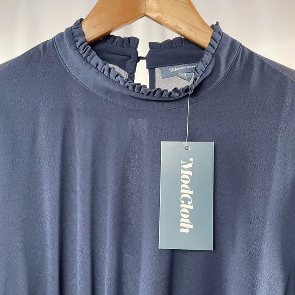 NWT ModCloth Sheer Long Sleeve Mock‎ Neck Mini Dress in Navy Blue Size 6 - Image 9