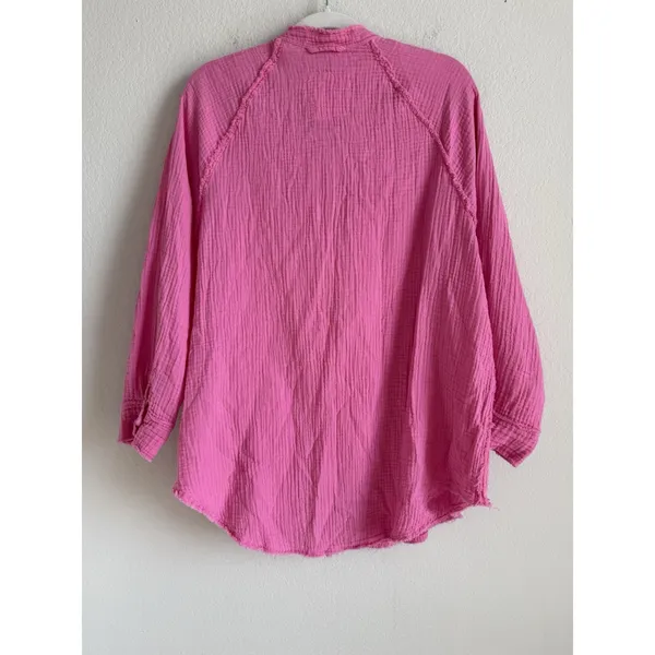 Aerie Oversize Women's XS Pool To Party Hot Pink Gauze Cover‎ Up Button Up Shirt - Image 4