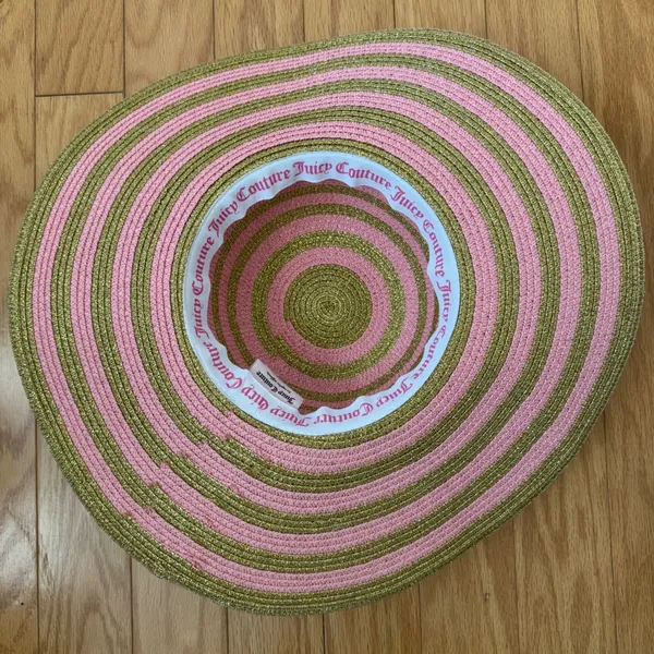 Juicy Couture‎ OS Pink Gold Stripe Straw Sun Hat Wide Brim Metallic Logo Beach - Image 7