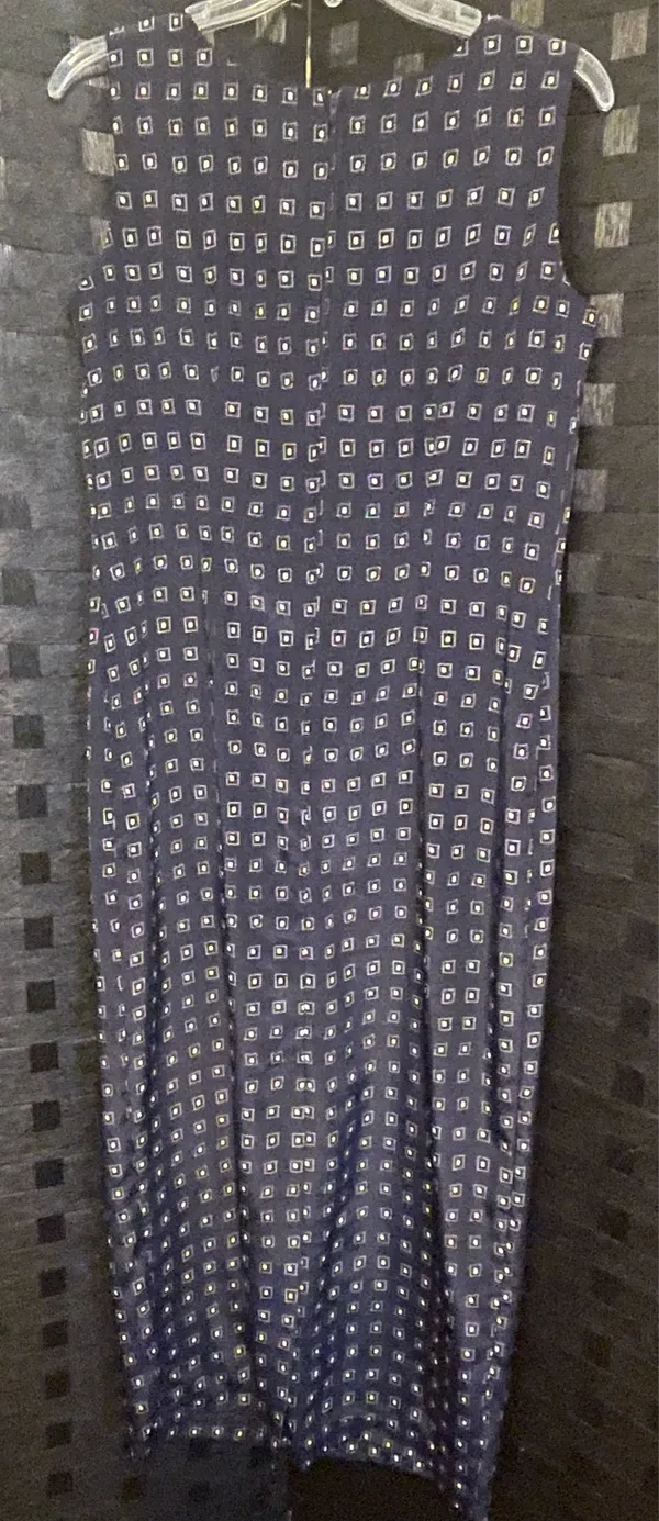 Vtg Leslie Fay Dress Sheath Navy Silky Geometric Sleeveless Long Workwear 8 - Image 10