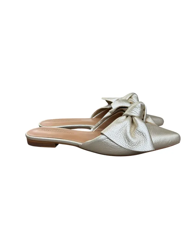 REBECCA MINKOFF Metallic Gold Leather Mules Modern Glam Pointed Toe Knot Bow 7M - Image 10