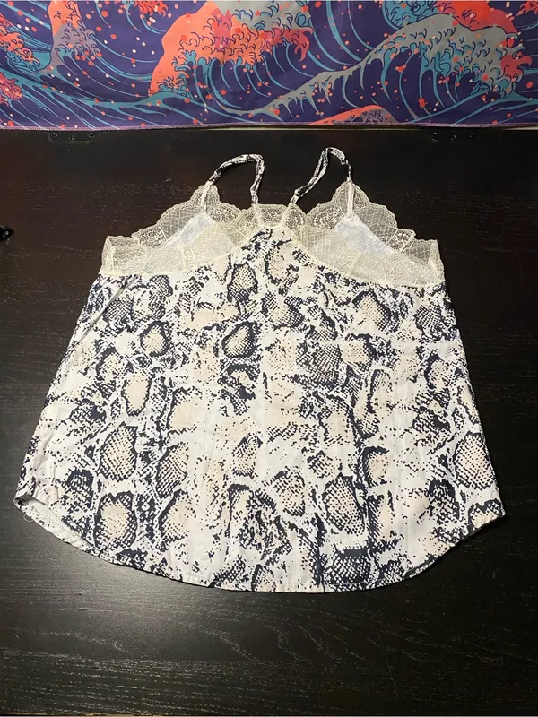 Snake Print Lace Trim Cami Top - Navy & Cream - Image 4