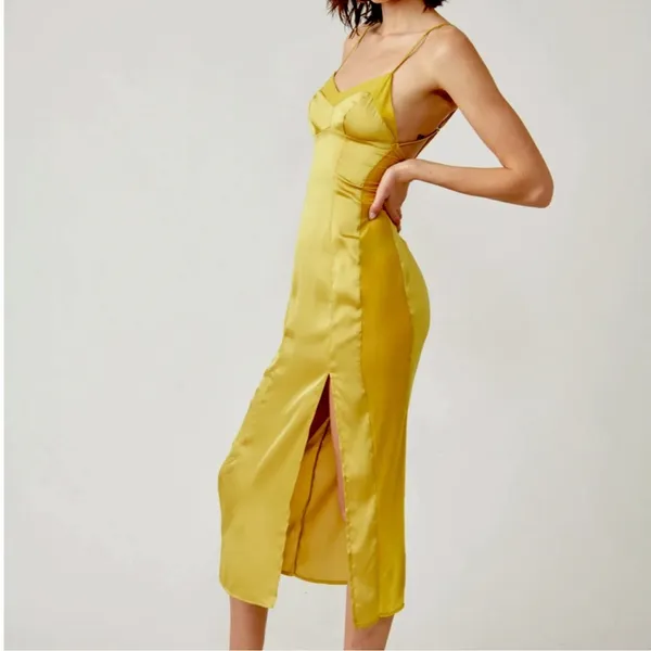 💛FREE PEOPLE City Cool Midi Slip Dress, Boho Chic Yellow Gold Boho Chic SMALL - Image 7