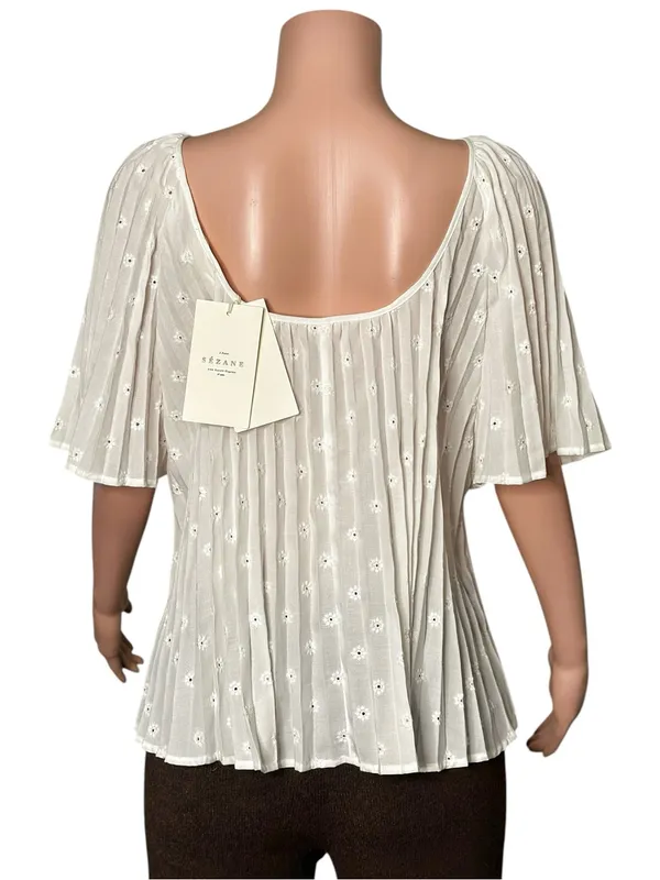 SÉZANE Romy Embroidered Pleated Blouse, Navy, FR46/US14 - Image 6
