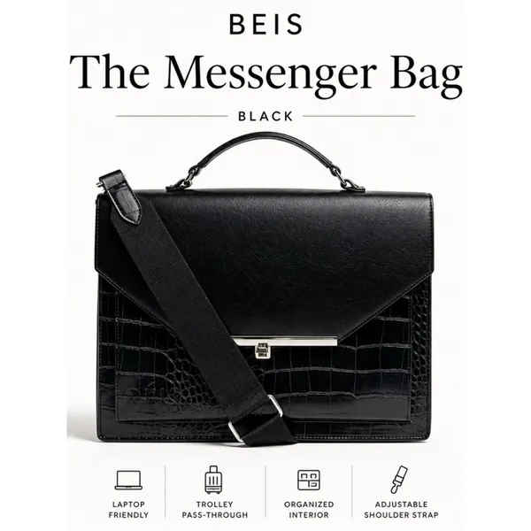 BEIS Black Leather Croc Embossed Padded Laptop Bag with Shoulder Strap - Image 3