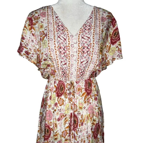 Vivimos Floral Maxi Dress L Prairie Flowy Relaxed Romantic Henley Elastic Waist - Image 6