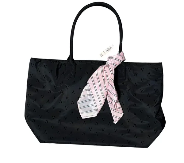 Victoria's Secret | Black Weekender Tote & Pink Scarf Set V Logo Embossed NWT - Image 4