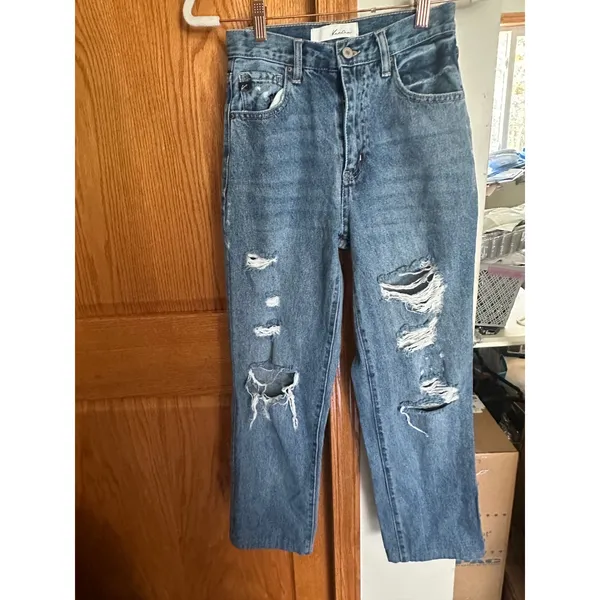 Kancan High Rise Distressed Straight Leg Jeans Blue 1/24 Boho Grunge - Image 2