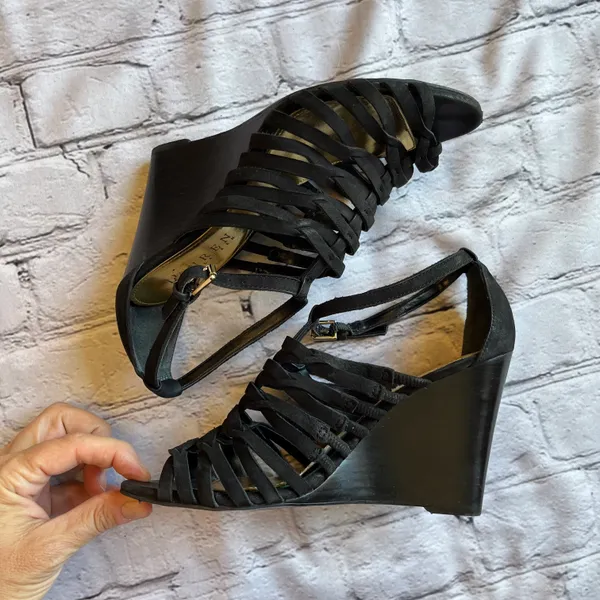 Lauren Black Suede Strappy Wedge Heels Sandals 7 - Image 6