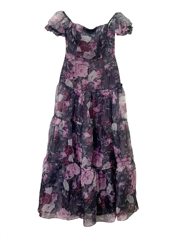 NWT Lulus Delightful Expression Maxi Dress Sz Medium Black Purple Floral Organza - Image 2