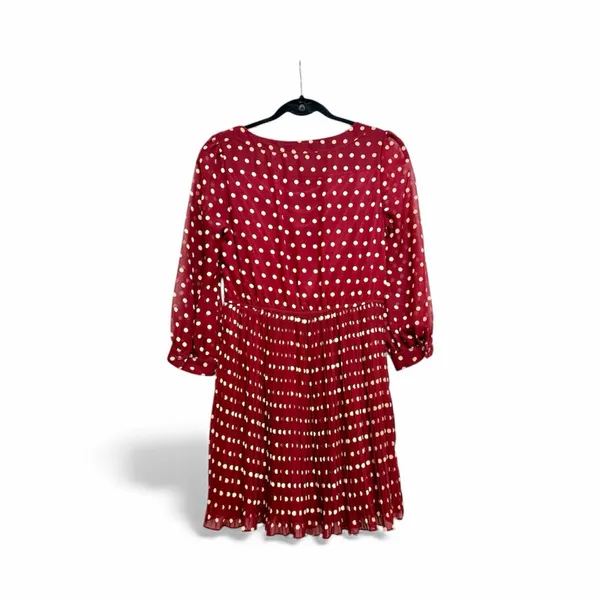 Forever 21 Maroon Polka Dot Boat Neck Dress with Pleated Skirt & Buttons Sz SP - Image 2
