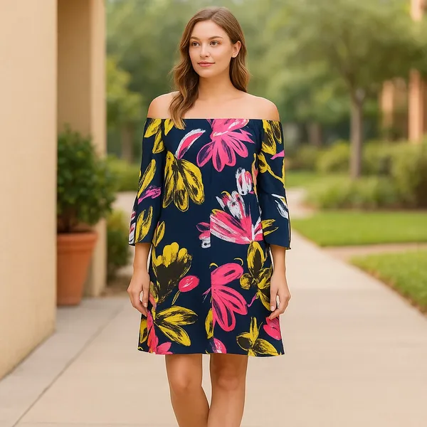 Navy Floral Off Shoulder Bell Sleeve Tunic Shift Mini Dress Size M - Image 2