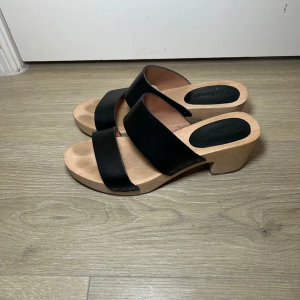 Madewell Black Leather Two-Strap Wooden Block Heel Clog Sandals Size 8 minimal - Image 3