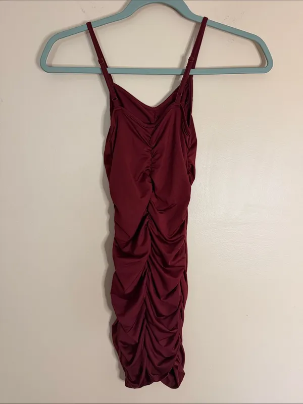 Ruched Burgundy Spaghetti Strap Dress - Image 3
