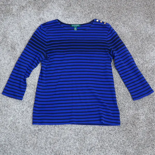 Lauren Ralph Lauren Blue Black Stripe Boat Neck 3/4 Sleeve Shirt‎ Top Womens L - Image 5