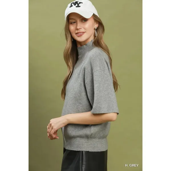 Umgee Mock Neck Short‎ Sleeve Knit Sweater Top - H. Grey - medium - Image 2