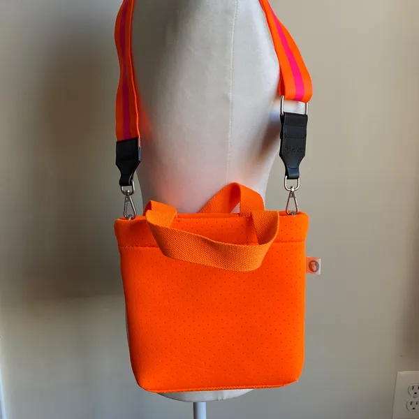 Quilted Koala Perforated Mini Scuba Crossbody Tote Bag Neon Orange With Straps - Image 9