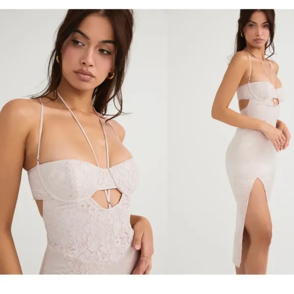 HOUSE OF CB 'Georgia' Crystal Satin and Lace Midi Dress cutout Size‎ M NWOT - Image 4