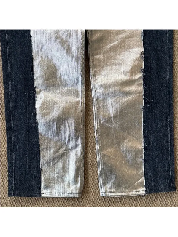 NWT FRAME Pieced Metallic Silver Black Straight Leg Jeans Size 26 Retail $448 - Image 15