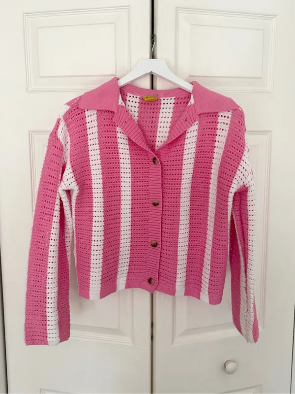 Daisy Crochet Knit Collared Striped Button Down Sweater Cardigan Size Large - Image 2