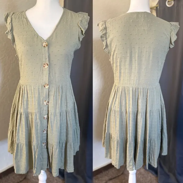 Altar'd State Light Olive‎ Swiss Dot Button Front Mini Dress Boho M nwt - Image 8