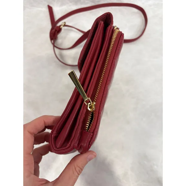 Steve Madden Red Quilted Faux‎ Leather Crossbody Wallet Bag Gold Hardware - Image 7