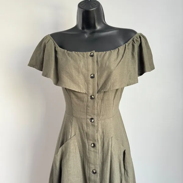 Saks Fifth Ave. Green Off Shoulder Midi Dress cottagecore ‎ Ruffle Size 2 - Image 2