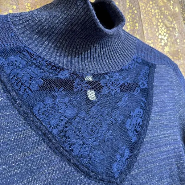 Free‎ People Navy Blue Metallic Lace Inset Turtleneck Sweater Small - Image 3