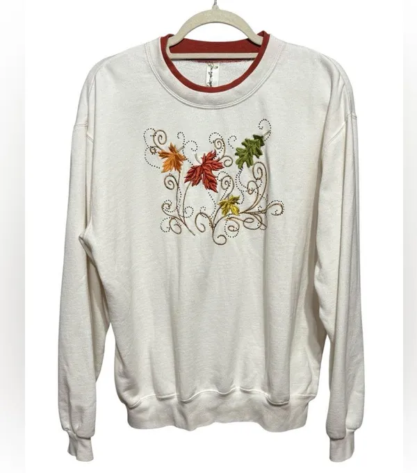 🍂 Cozy Fall Multicolor Leaf Embroidered Sweatshirt with Bead Embellishments 🍁 L - Image 2