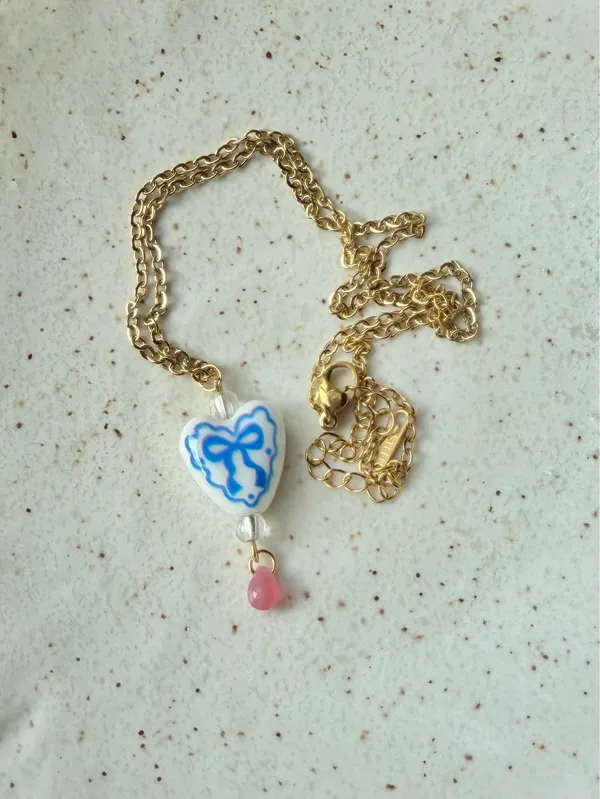 Handmade cottage fairy whimsy style heart ribbon necklace🎀🩵 - Image 2