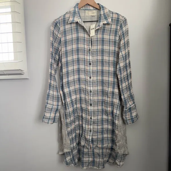 Anthropologie‎ Small NEW Plaid Tunic Shirt Peasant Lagen Relaxed Cotton Gauze - Image 3