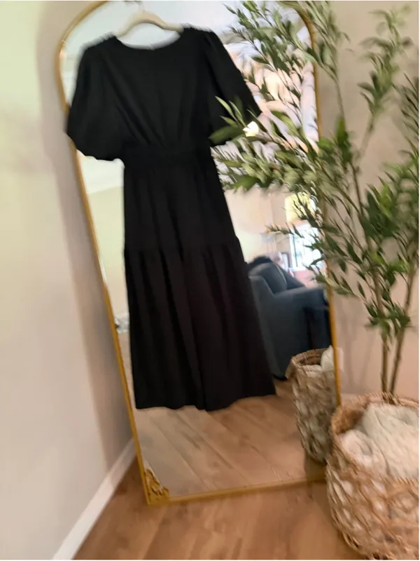 NEW Short Puffy Sleeve V Neck A-Line Flowy Wrap Wedding Guest Lined Dress S - Image 6