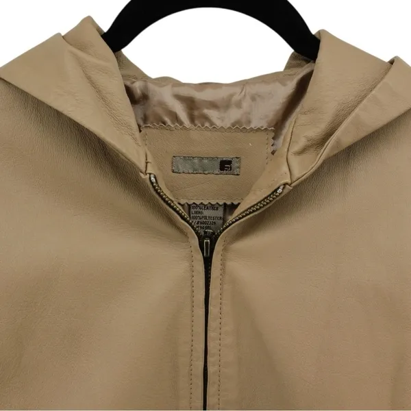 Vintage Y2K Buckle Tan Leather Hooded Granola Girl Moto‎ Jacket Size M - Image 3