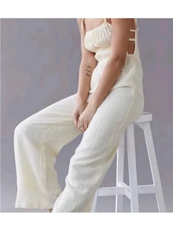 Urban Outfitters UO Courtney Tie Off white Ivory Crème Jumpsuit Large New Lined - Image 5