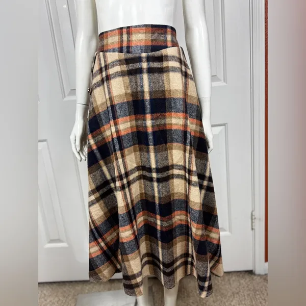 Unbranded Wool Blend Plaid A-Line Midi Skirt with Side Pockets Size Large K-41 - Image 2