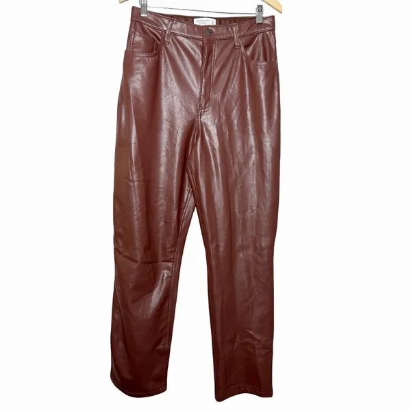 Abercrombie Curve Love The 90s Straight Faux Leather Pants 31 12 Brown High Rise - Image 3