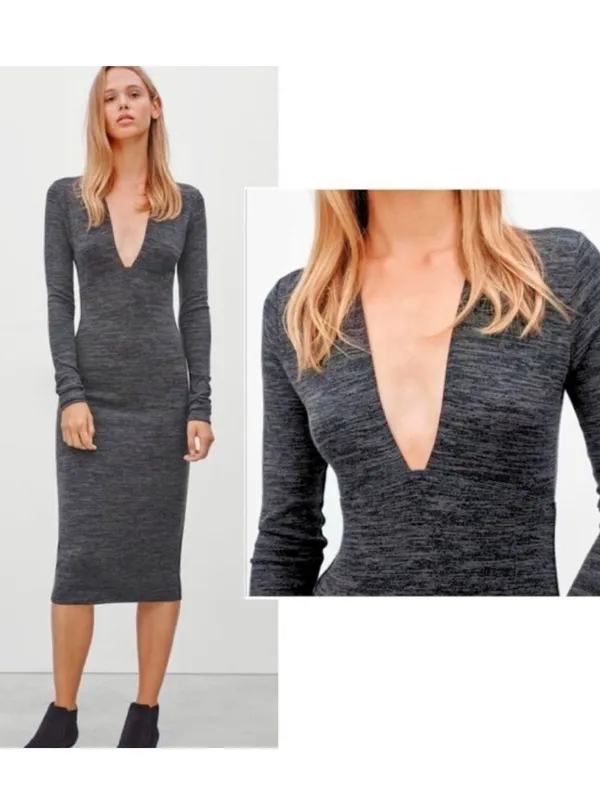 Aritzia Wilfred Abby Plunge V-Neck Long Sleeve Midi Dress Medium - Image 2
