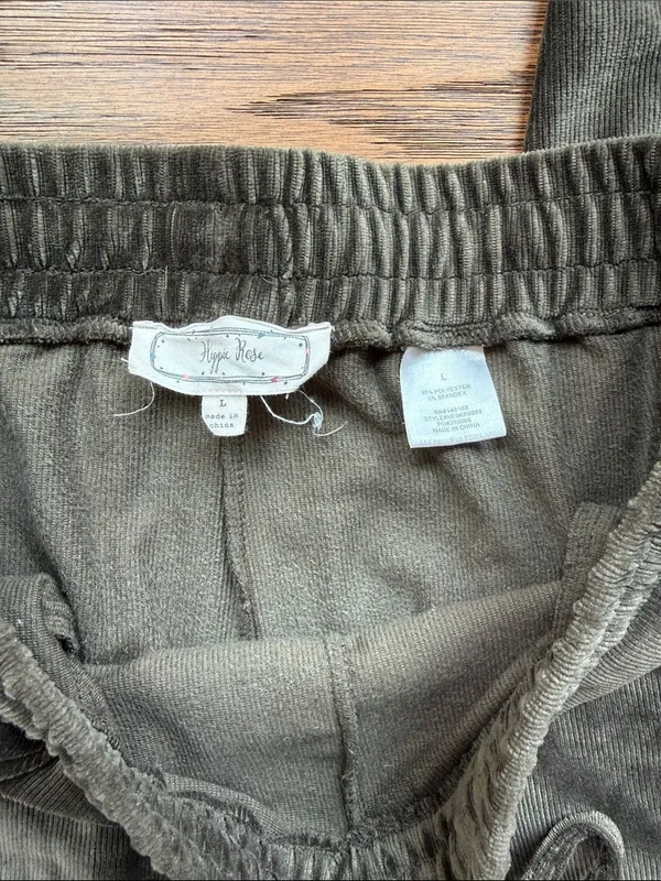 Hippie Rose Olive Green Velour Drawstring Pants - Image 2