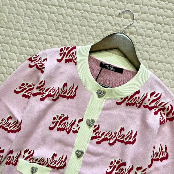 $399 NWT Karl Lagerfeld Pink Logo Cropped Cardigan Crystal Buttons Wool Blend - Image 4