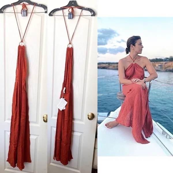 SM Dress Lana Midi Bamboo‎ Peace Silk Halter O-Ring Backless Scarlette S NWT - Image 2