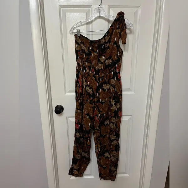 Anthropologie Maeve Kyoto Floral Jumpsuit‎ 4 brown metallic one shoulder - Image 4