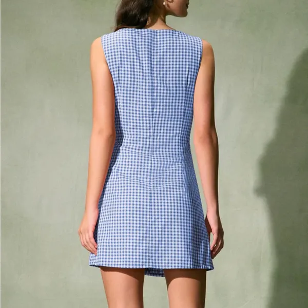 Rihoas Blue Boat Neck Cotton Plaid Mini Dress - Image 4