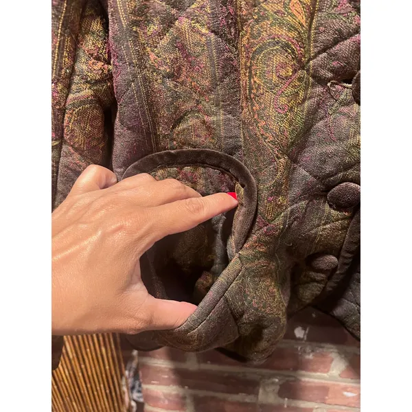 Vintage 80s Paisley Quilted Jacket Velvet Trim Dark Academia M - Image 8