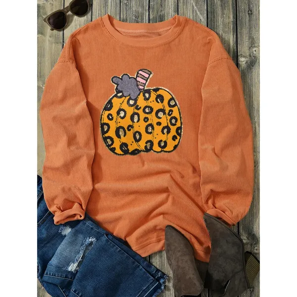 Halloween Leopard Pumpkin Patchwork Ribbed Sweatshirt - Image 5