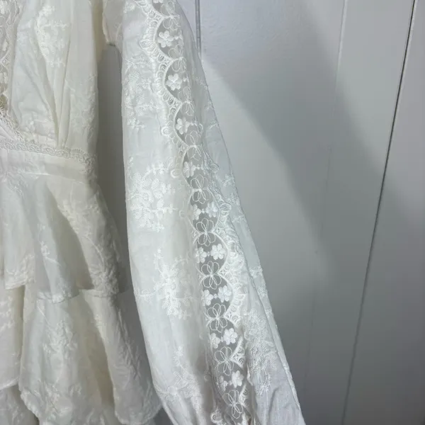 Lulus White Eyelet Lace Long Sleeve Ruffle Skirt Plunge Neckline Dress Bridal S - Image 2