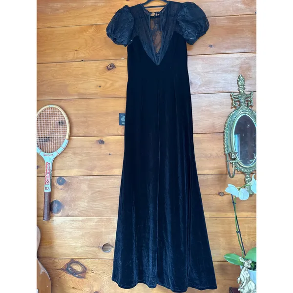 NWT Lulus Alluring Event Black Velvet Lace Puff Sleeve Maxi Dress Banquet Gala L - Image 6