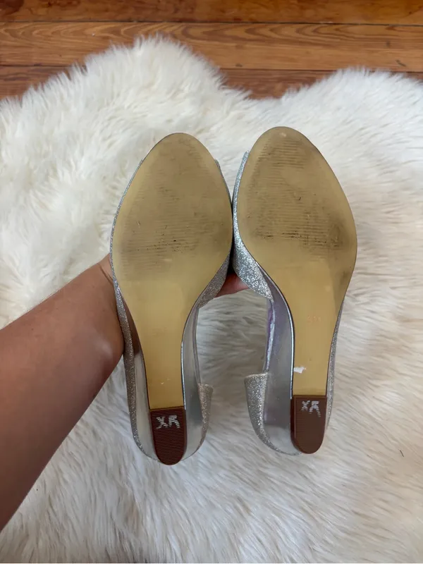 Silver Glitter Rhinestone Peep Toe Wedges - Image 8