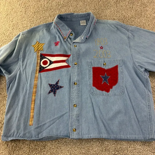 Ohio Bicentennial Denim Shirt Women L Blue Patchwork Americana Vintage Retro‎ - Image 7