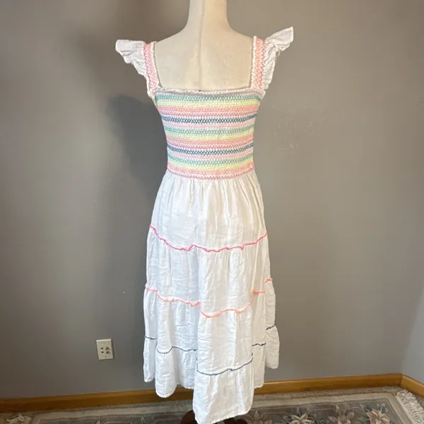 Vineyard Vines Flutter Sleeve Smocked Tiered‎ White Linen Midi Dress Size S - Image 6