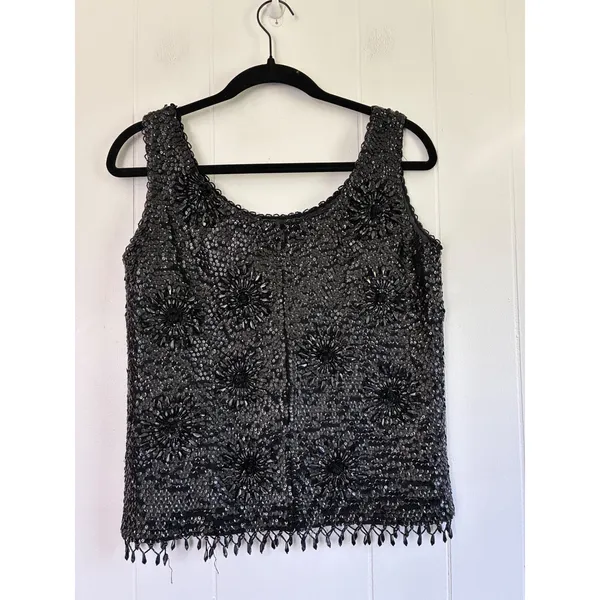 Vintage‎ Hand Beaded Wool Shell Top Black Sequin Floral Fringe Tank M WPL 3526 - Image 2